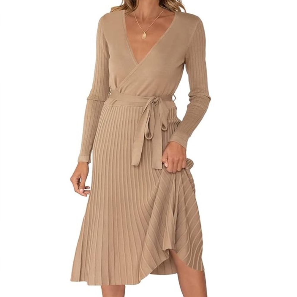 Beige Long Sleeve Wrap Midi Dress with Tie Waist